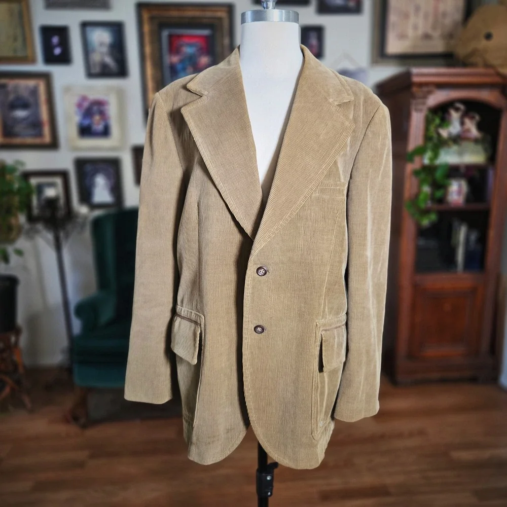 Vintage 70s Mens Tan Corduroy Blazer Jacket Made in Yugoslavia 2 Button Classic‎